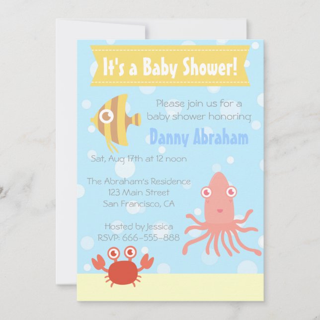 Invitación de Baby Shower sobre el tema subacuátic (Anverso)