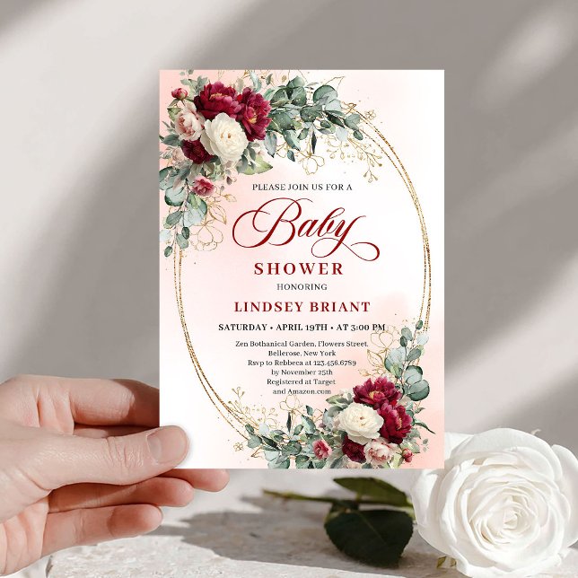Invitación de Baby Shower Soft Boho Marsala Peony (Soft Boho Marsala Peony Baby Shower Invite)
