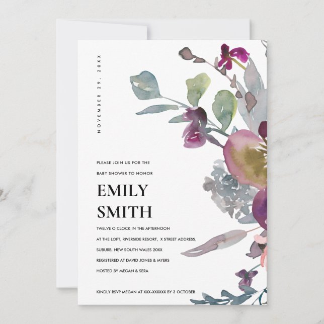 INVITACIÓN DE BABY SHOWER SOFT PURPLE LILAC FLORAL (Anverso)