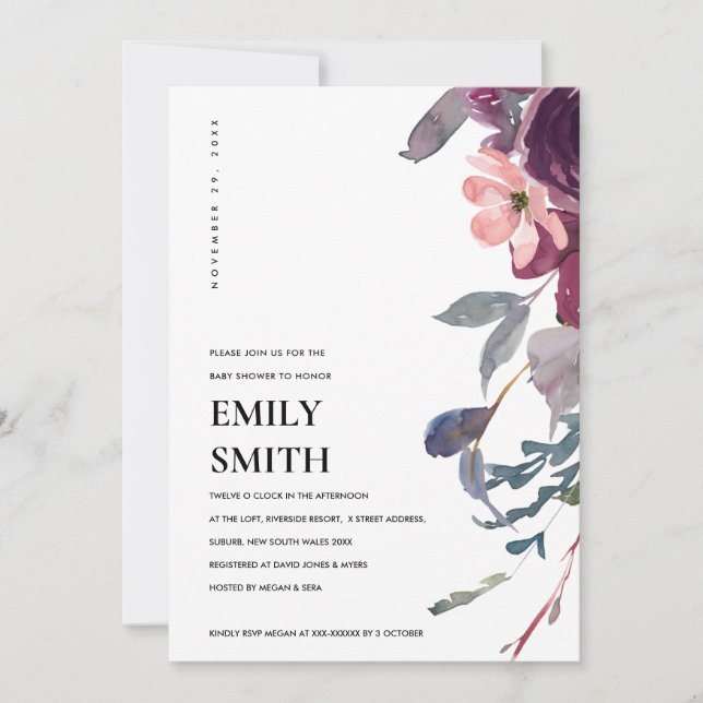 INVITACIÓN DE BABY SHOWER SOFT PURPLE LILAC FLORAL (Anverso)