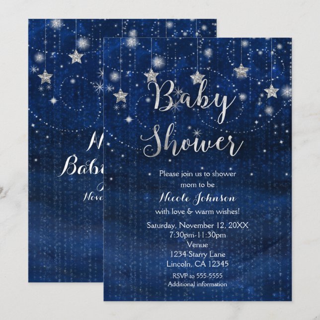 Invitación de Baby Shower Starry Night Blue & Silv (Anverso / Reverso)