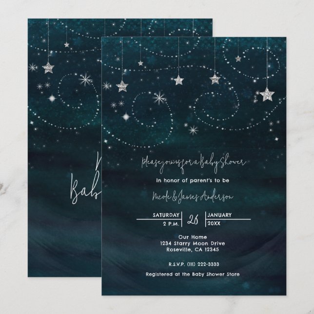 Invitación de Baby Shower Starry Night Blue & Silv (Anverso / Reverso)