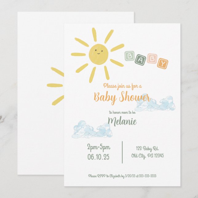Invitación de Baby Shower Sunshine (Anverso / Reverso)