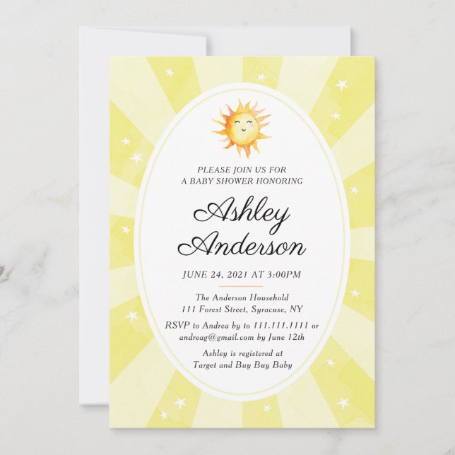 Invitación de Baby Shower Sunshine (Anverso)