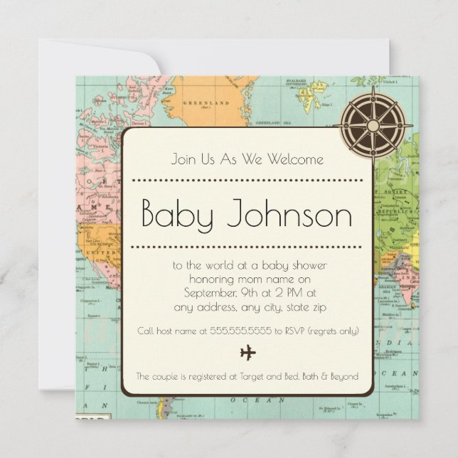 Invitación de Baby Shower - Tema de mapa (Anverso)