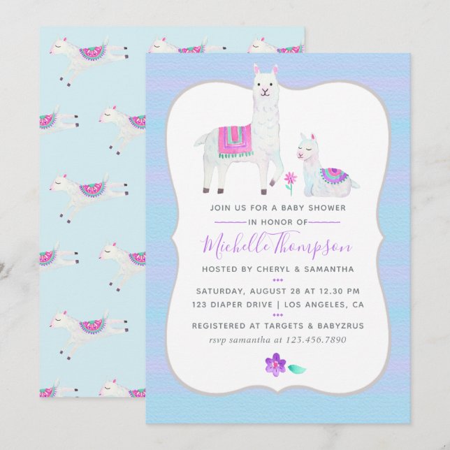 Invitación de Baby Shower temática de Llama en Acu (Anverso / Reverso)