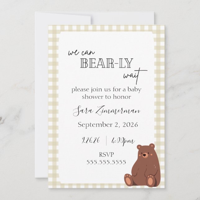 Invitación de baby shower temática de oso neutra (Anverso)