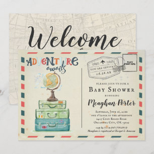 Invitación de Baby Shower temática de viajes vinta
