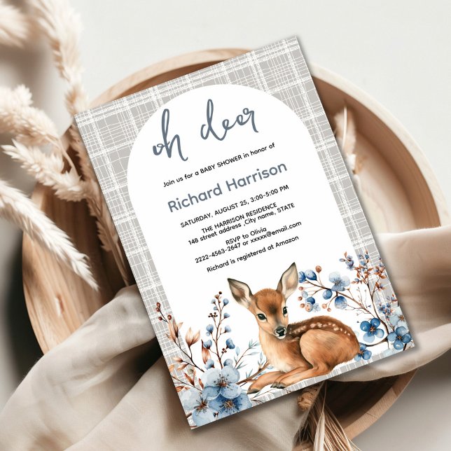 Invitación de baby shower tierno de cervatillo bos (Oh deer rustic blue florals with cute forest deer baby shower invitation, gender neutral, woodland )