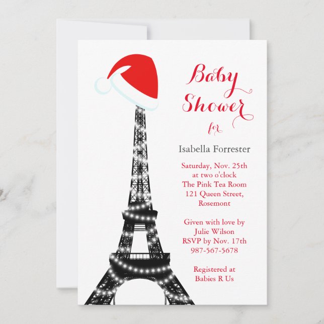 Invitación de Baby Shower Torre Eiffel Invernal (Anverso)