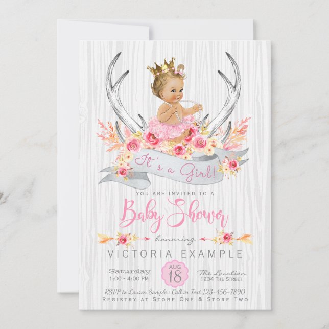 Invitación de baby shower tribal boho de princesa  (Anverso)