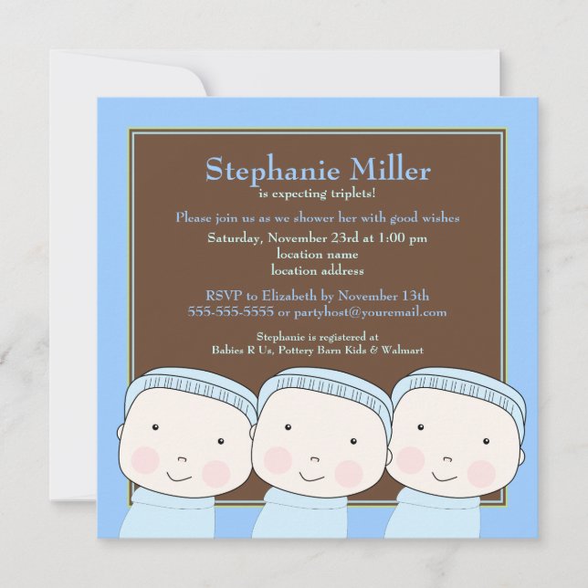 Invitación de Baby Shower Triplet Boys Blue 3 (Anverso)