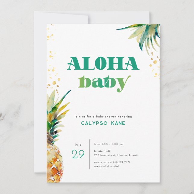 Invitación de Baby Shower tropical a la bebé Aloha (Anverso)