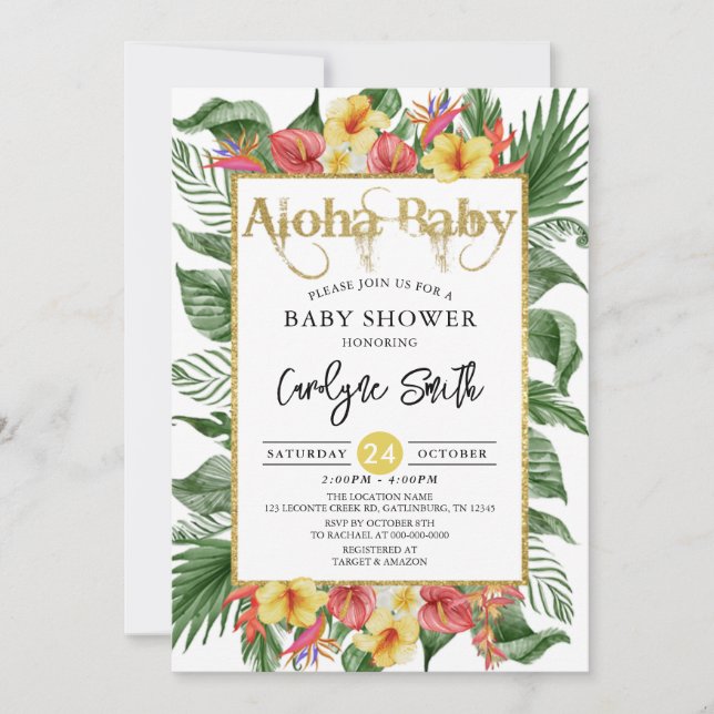 Invitación de Baby Shower tropical Aloha Baby Gold (Anverso)