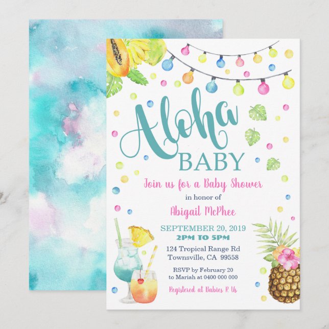 Invitación de Baby Shower tropical de Aloha (Anverso / Reverso)