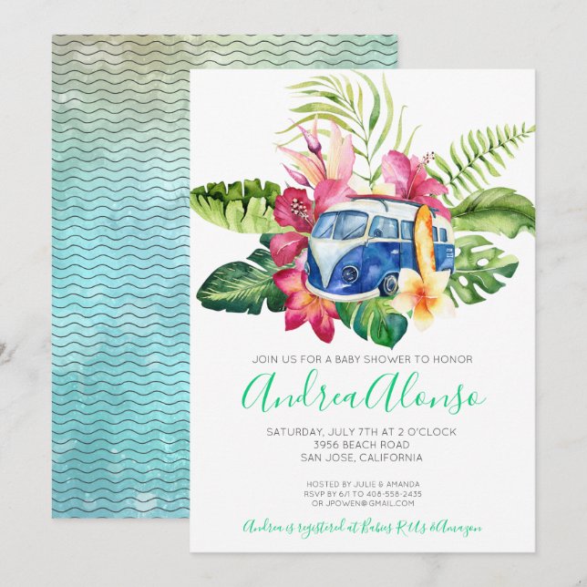 Invitación de Baby Shower tropical de Beach Baby B (Anverso / Reverso)