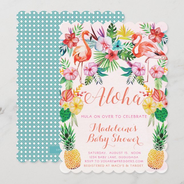 Invitación de Baby Shower tropical de Luau (Anverso / Reverso)