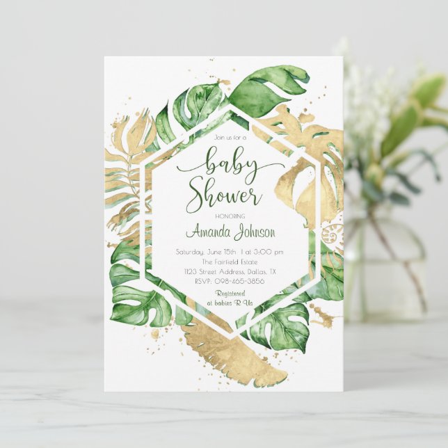 Invitación de Baby Shower tropical de oro (Anverso de pie)
