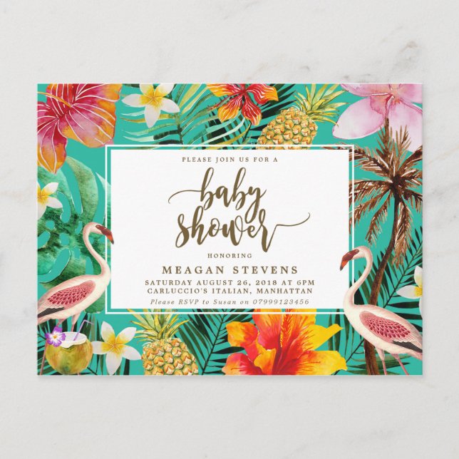 invitación de baby shower tropical flamenco (Anverso)