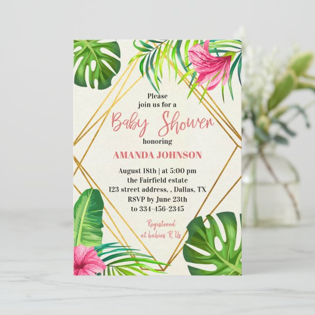 Invitación de Baby Shower tropical floral (Anverso de pie)