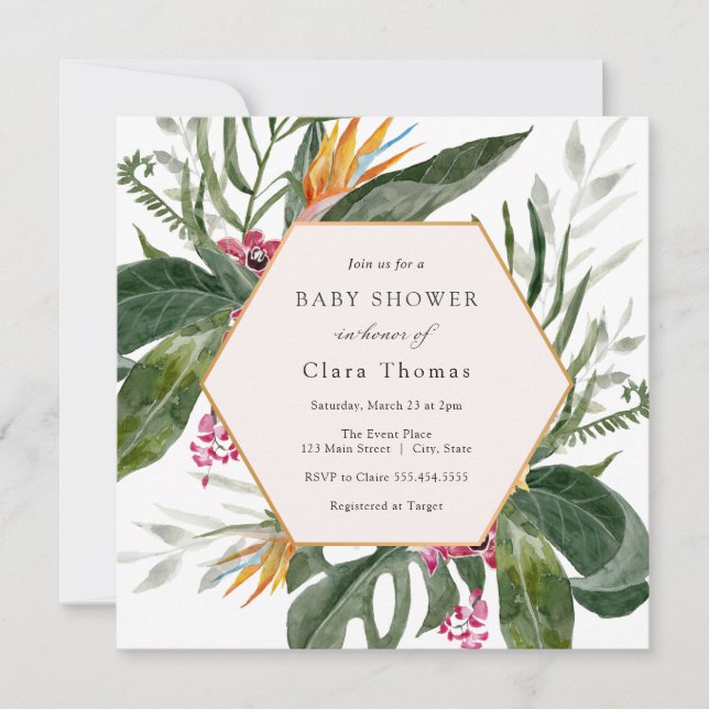 Invitación de Baby Shower tropical floral (Anverso)