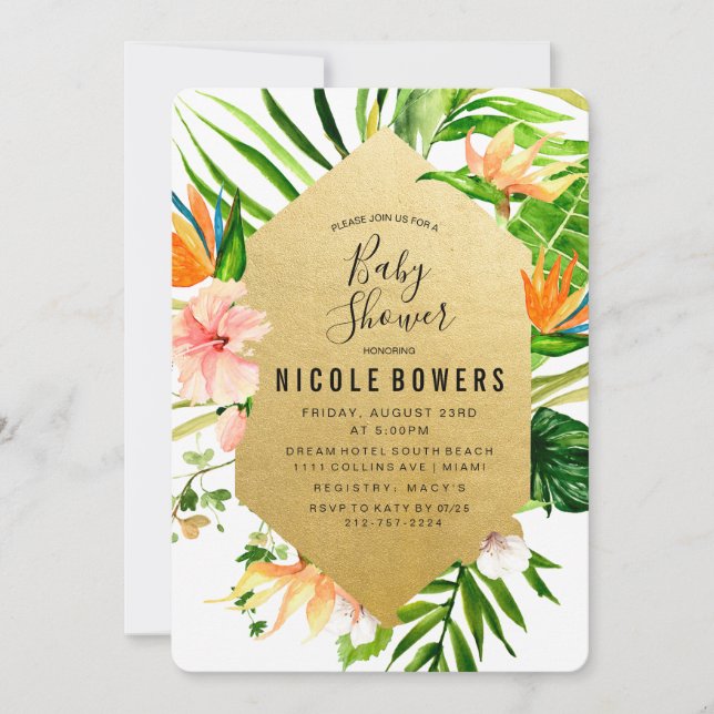 Invitación de Baby Shower tropical floral (Anverso)