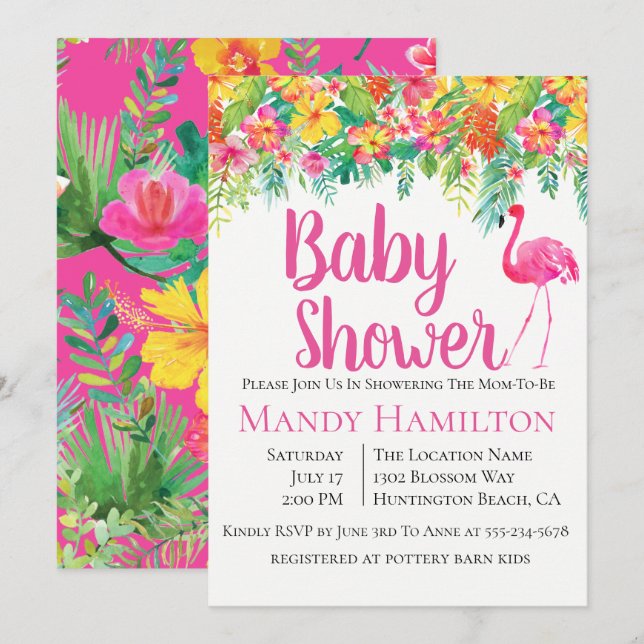 Invitación de Baby Shower tropical floral Flamingo (Anverso / Reverso)