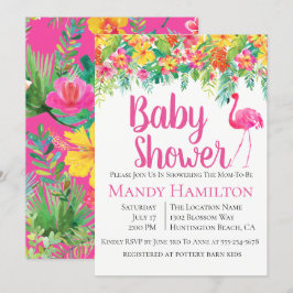 Invitación de Baby Shower tropical floral Flamingo