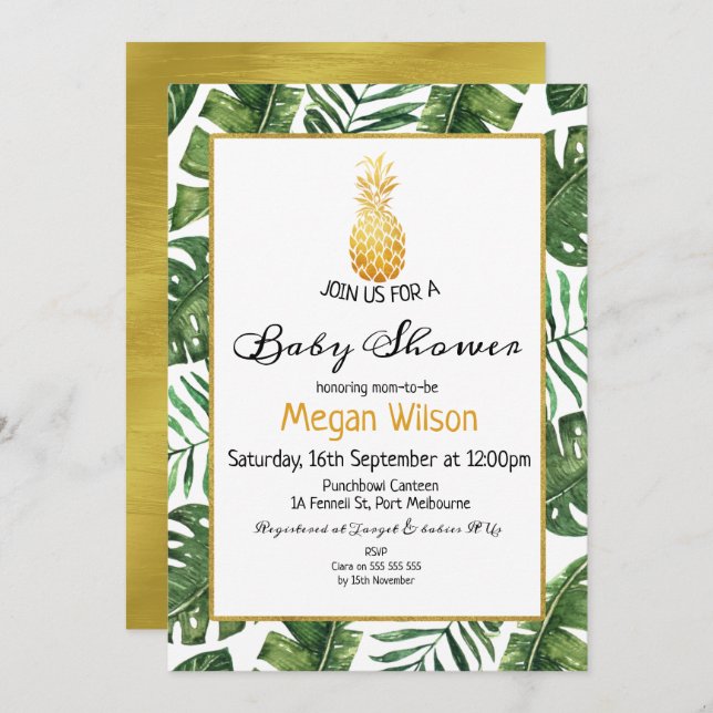 Invitación de Baby Shower Tropical Gold Pineapple (Anverso / Reverso)