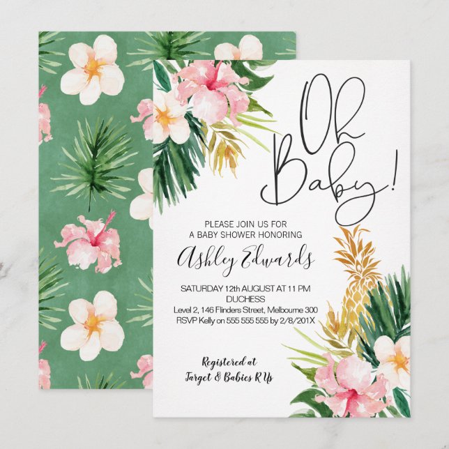 Invitación de Baby Shower tropical tropical rosa (Anverso / Reverso)