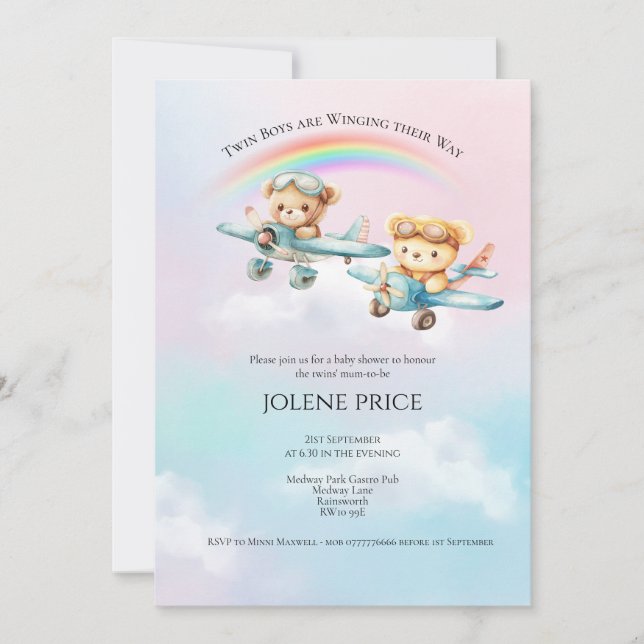 Invitación de Baby Shower Twin Boy Teddies (Anverso)