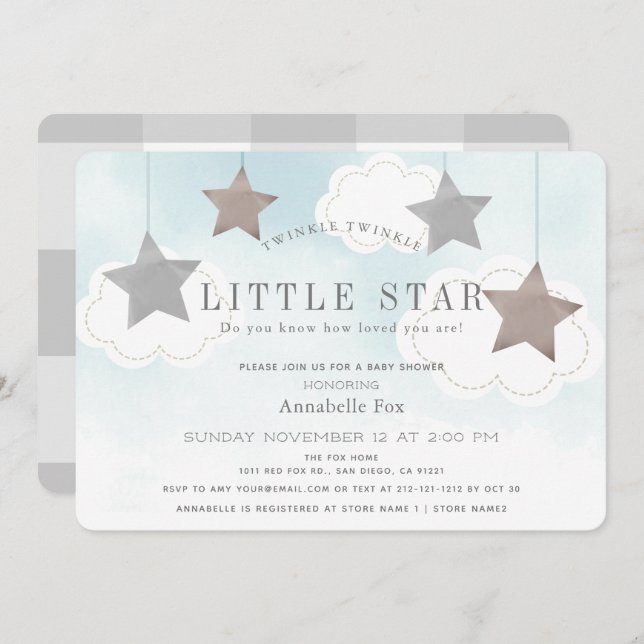 Invitación de Baby Shower Twinkle Little Star Blue (Anverso / Reverso)