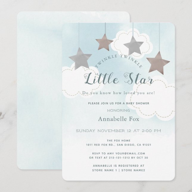 Invitación de Baby Shower Twinkle Little Star Blue (Anverso / Reverso)