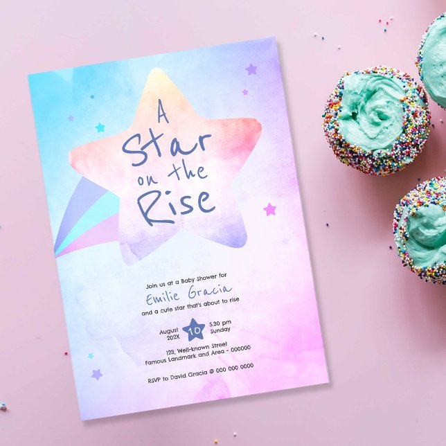 Invitación de Baby Shower | Una estrella en alza | (cute baby shower invitation card | pink and blue, shining, star, watercolor, hand drawn effect)