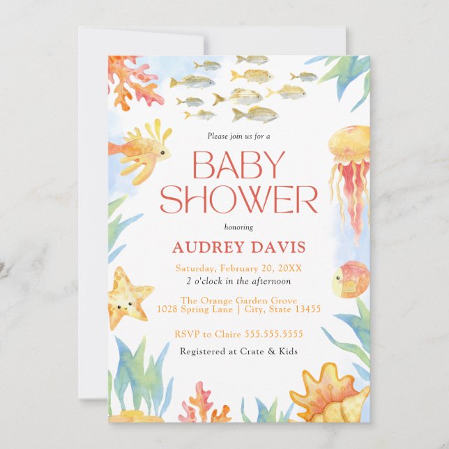Invitación de Baby Shower Under Sea Watercolor (Anverso)