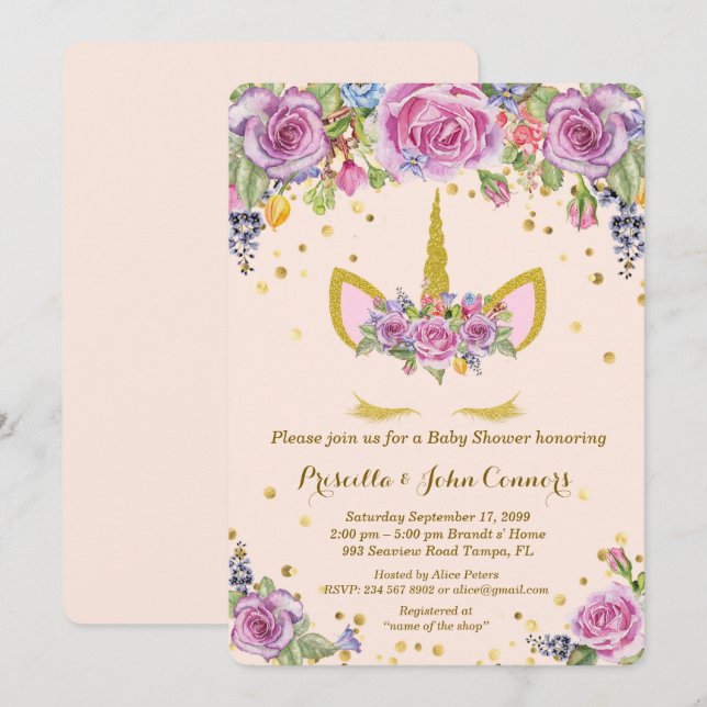 Invitación de Baby Shower Unicorm, rosa, flores (Anverso / Reverso)