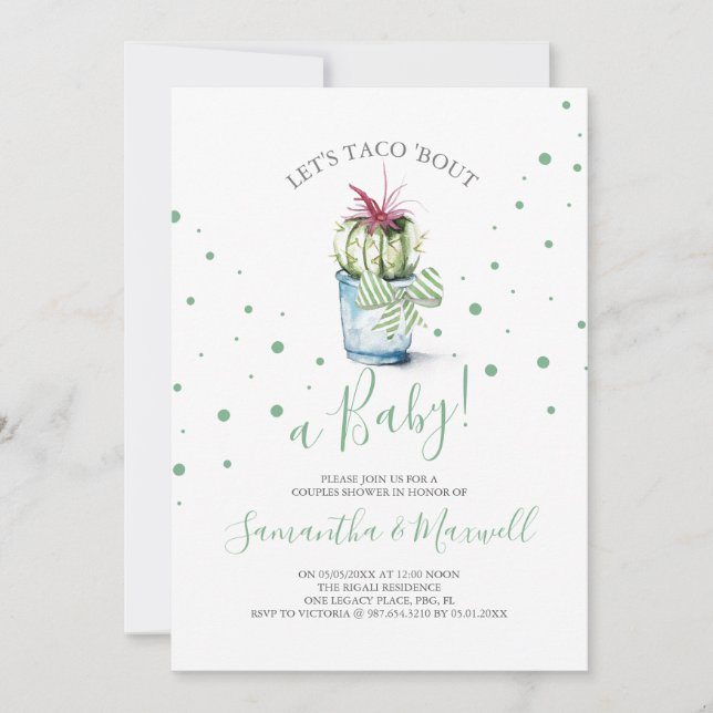 Invitación de Baby Shower verde a acuarela Cactus (Anverso)