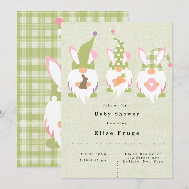 Invitación de Baby Shower verde a Gnomes de Pascua (Anverso / Reverso)