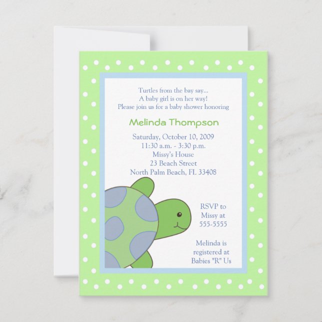 Invitación de Baby Shower verde a la tortuga marin (Anverso)