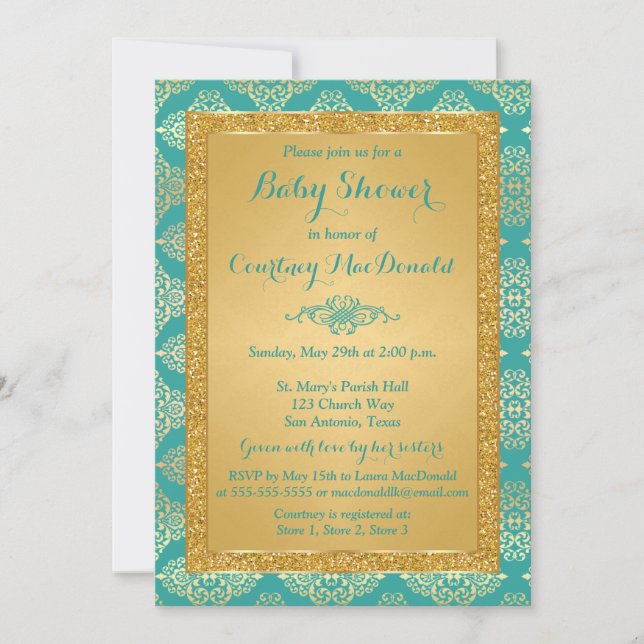 Invitación de Baby Shower Verde azulada, Purpurina (Anverso)