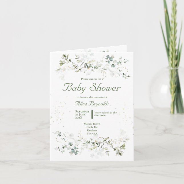 Invitación de Baby Shower verde botánico (Anverso)