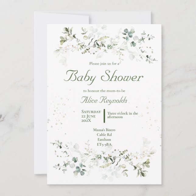 Invitación de Baby Shower verde botánico (Anverso)
