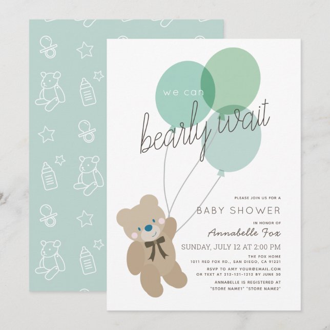 Invitación de Baby Shower verde de Bearly Wait Bea (Anverso / Reverso)