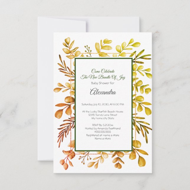 invitación de baby shower verde de eucalipto de ot (Anverso)