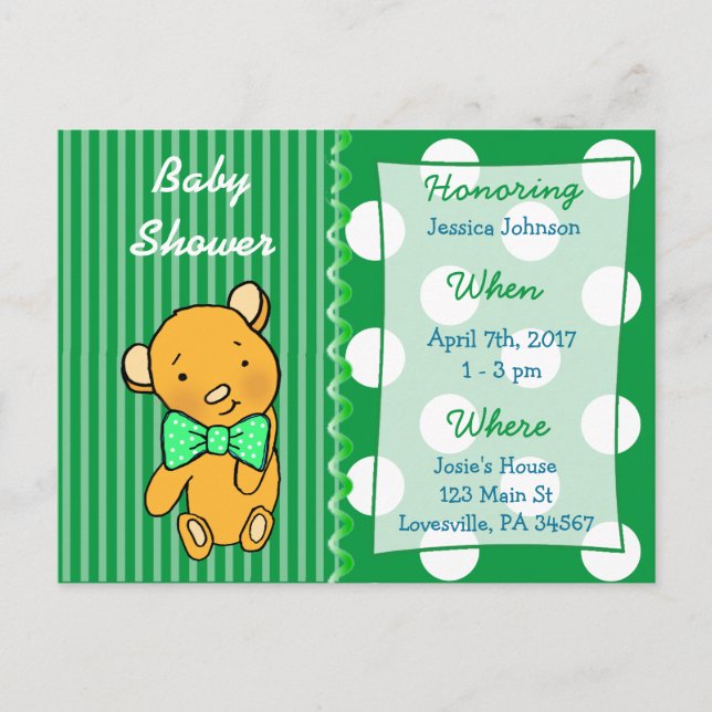 Invitación de Baby Shower verde de Oso de Oso de O (Anverso)
