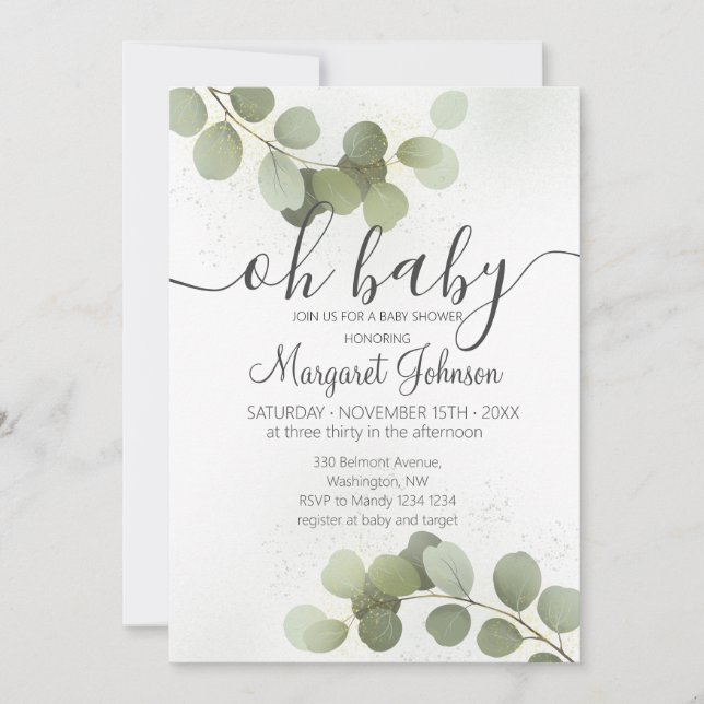 Invitación de Baby Shower Verde Eucalipto (Anverso)