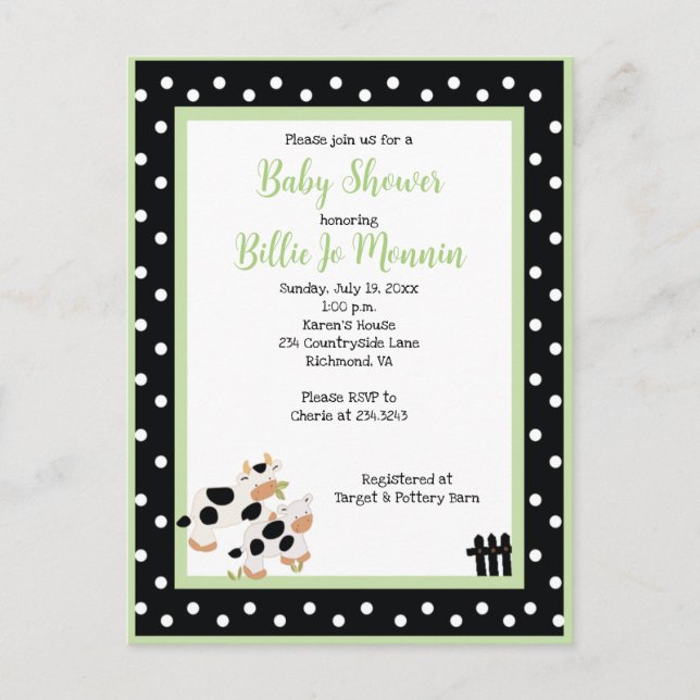 Invitación de Baby Shower verde negro en vaca moo (Anverso)