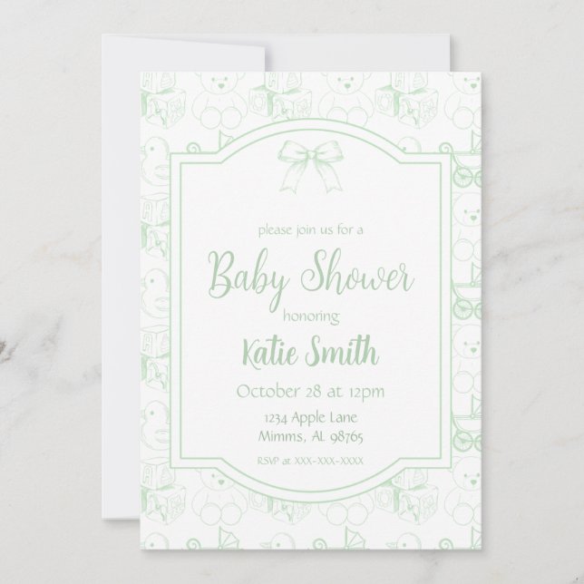 Invitación de baby shower verde neutral de género (Anverso)