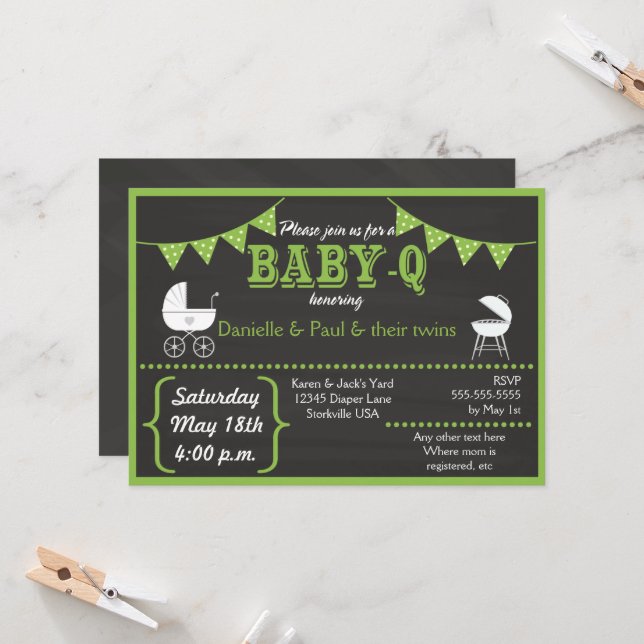 Invitación de Baby Shower verde para bebé-Q Chalkb (Anverso/Reverso In Situ)
