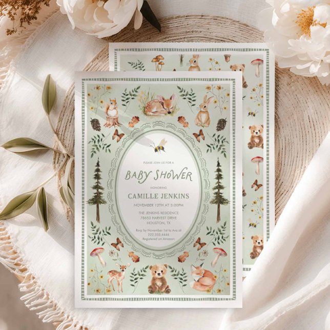 Invitación de baby shower verde salvia del bosque (Sage Green Woodland Baby Shower Invitation)